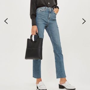 topshop mid blue straight leg raw hem jeans